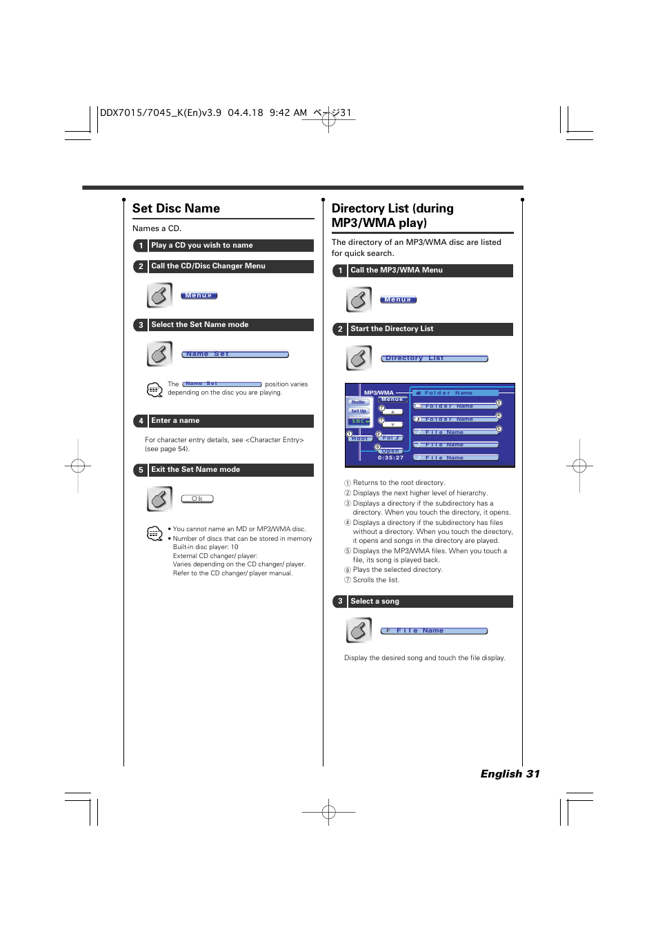 Set disc name, Directory list (during mp3/wma play), English 31 | Kenwood Excelon DDX7015 User Manual | Page 31 / 101