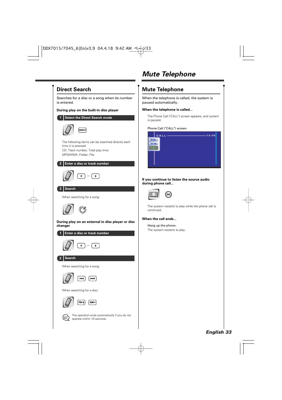 Mute telephone, Direct search, English 33 | Kenwood Excelon DDX7015 User Manual | Page 33 / 101