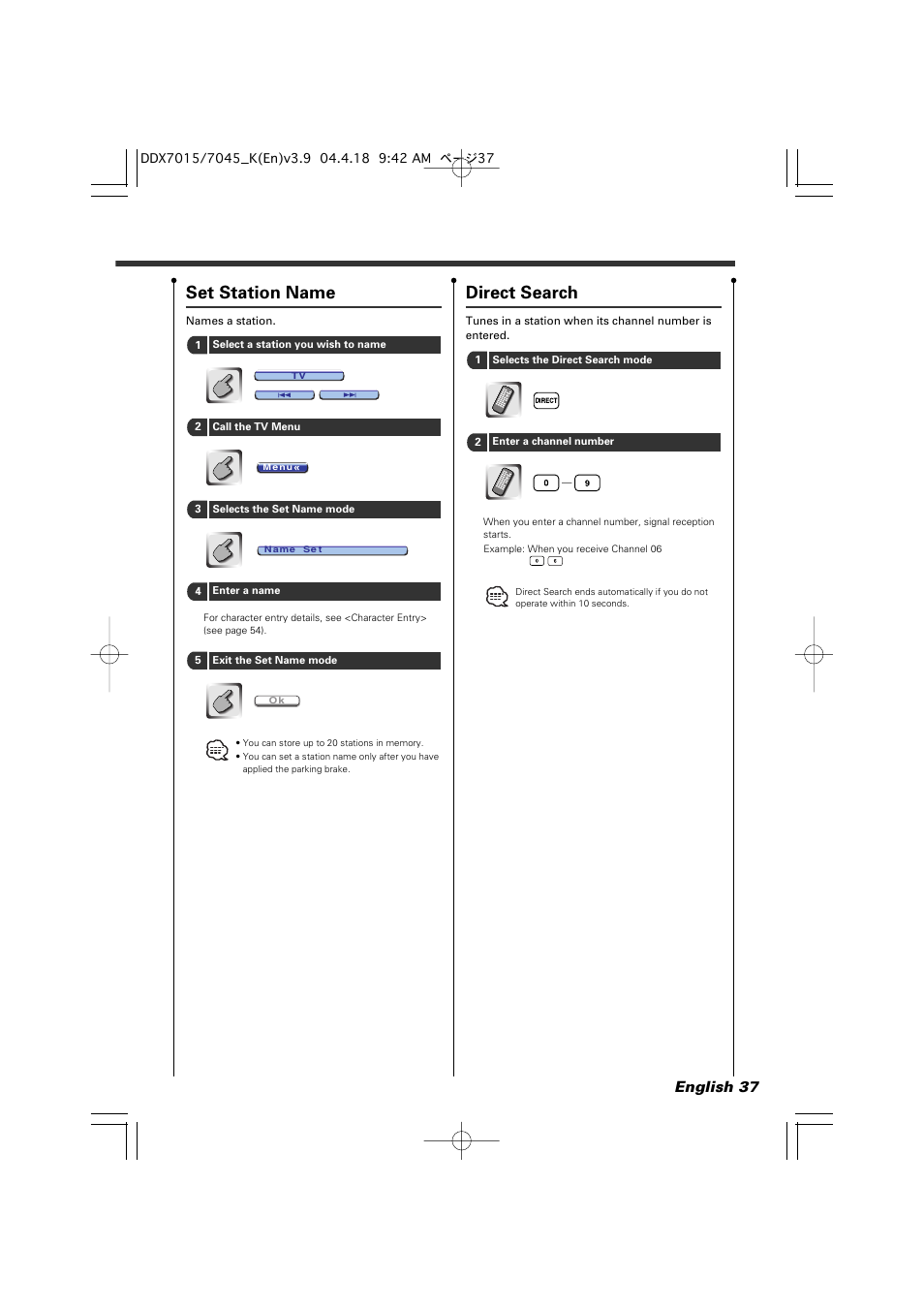 Set station name, Direct search, English 37 | Kenwood Excelon DDX7015 User Manual | Page 37 / 101