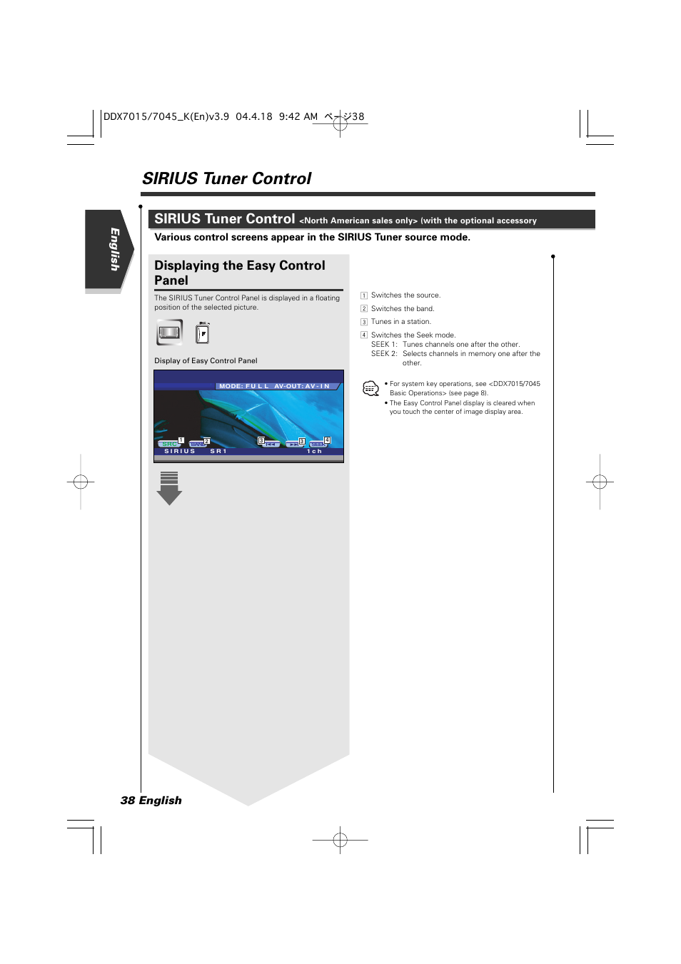 Sirius tuner control, Displaying the easy control panel, English 38 english | Kenwood Excelon DDX7015 User Manual | Page 38 / 101