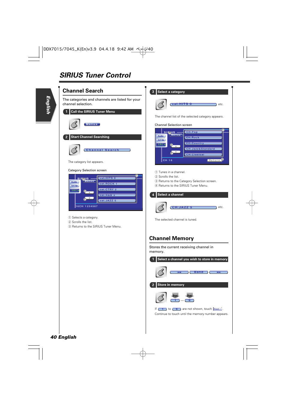 Sirius tuner control, Channel search, English 40 english | Kenwood Excelon DDX7015 User Manual | Page 40 / 101