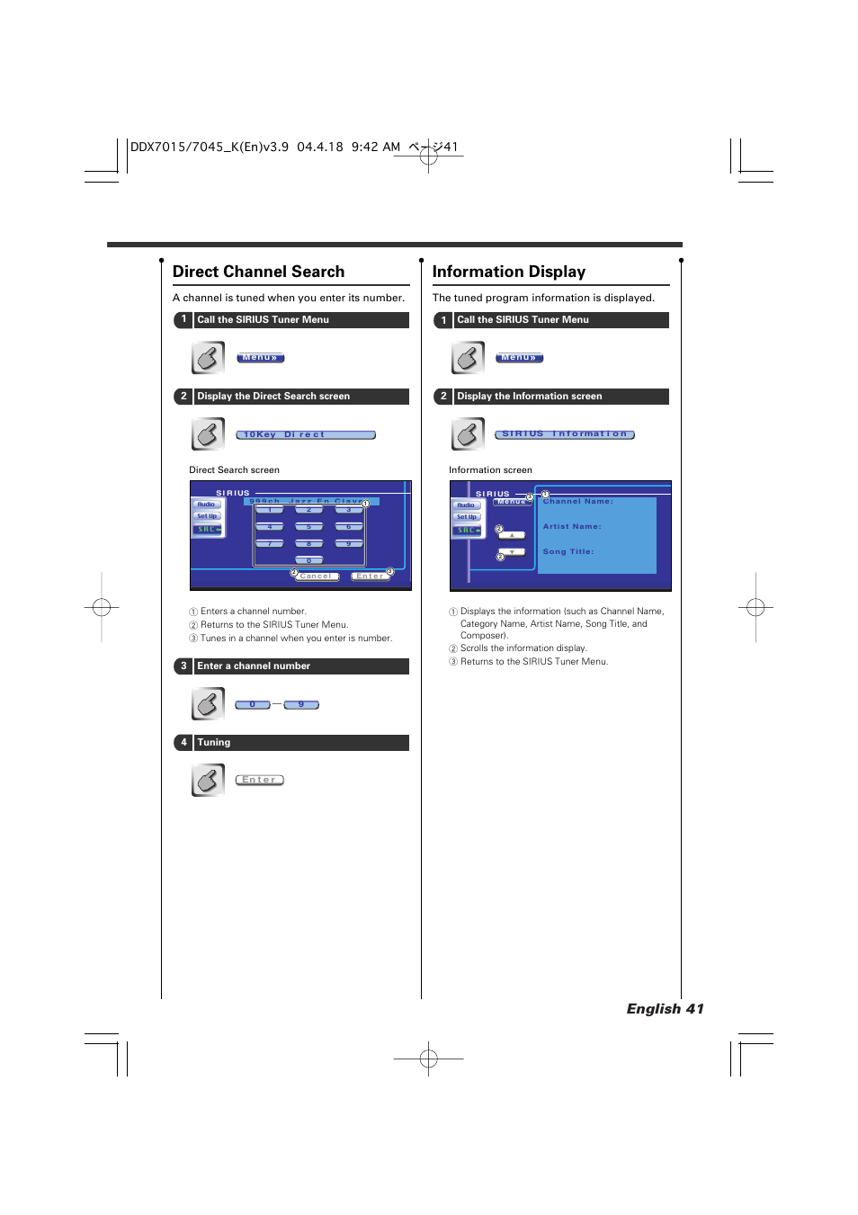 Direct channel search, Information display, English 41 | Kenwood Excelon DDX7015 User Manual | Page 41 / 101