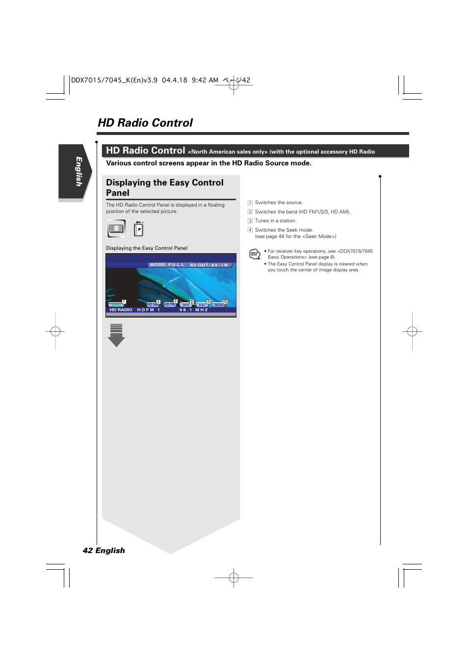 Hd radio control, Displaying the easy control panel, English 42 english | Kenwood Excelon DDX7015 User Manual | Page 42 / 101