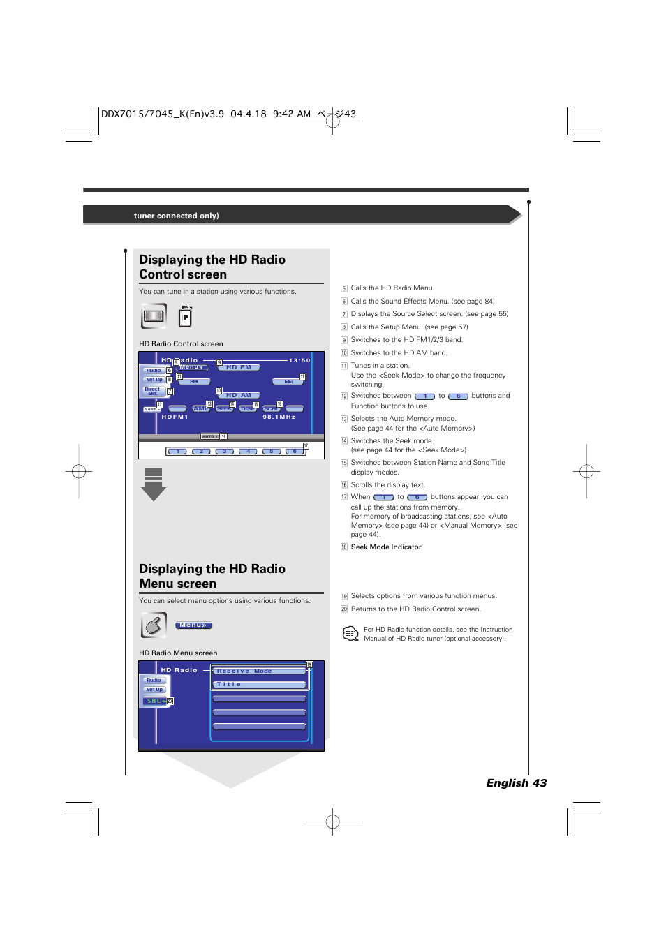 Displaying the hd radio control screen, Displaying the hd radio menu screen, English 43 | Kenwood Excelon DDX7015 User Manual | Page 43 / 101