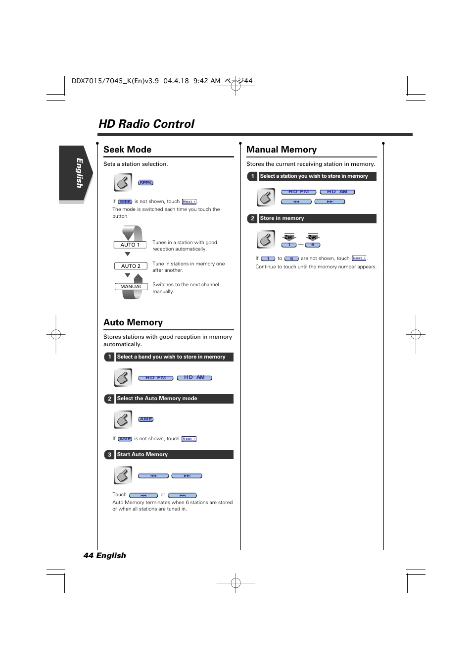 Hd radio control, Seek mode, English 44 english | Kenwood Excelon DDX7015 User Manual | Page 44 / 101