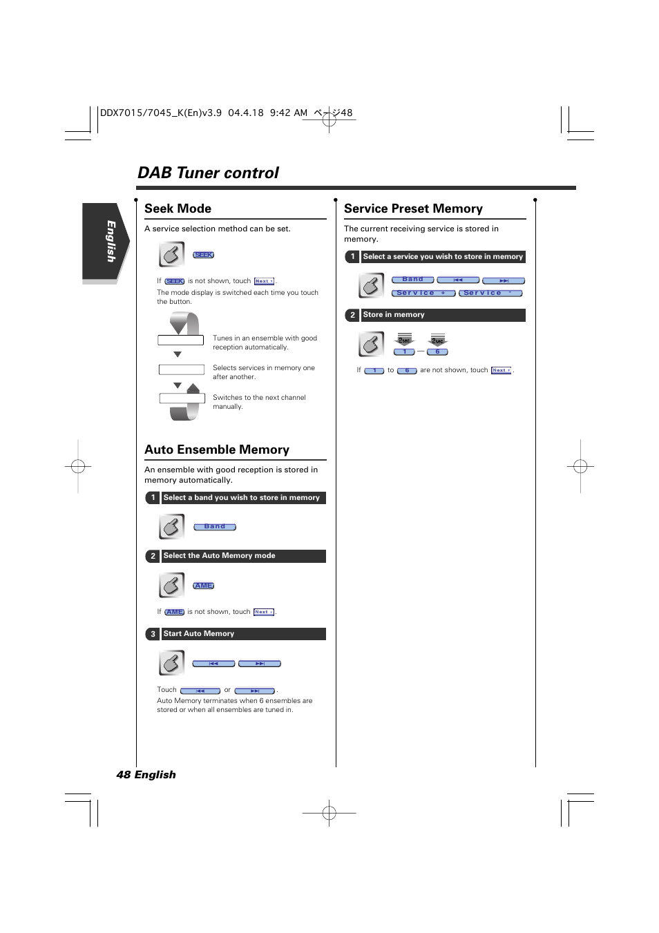 Dab tuner control, Seek mode, English 48 english | Kenwood Excelon DDX7015 User Manual | Page 48 / 101