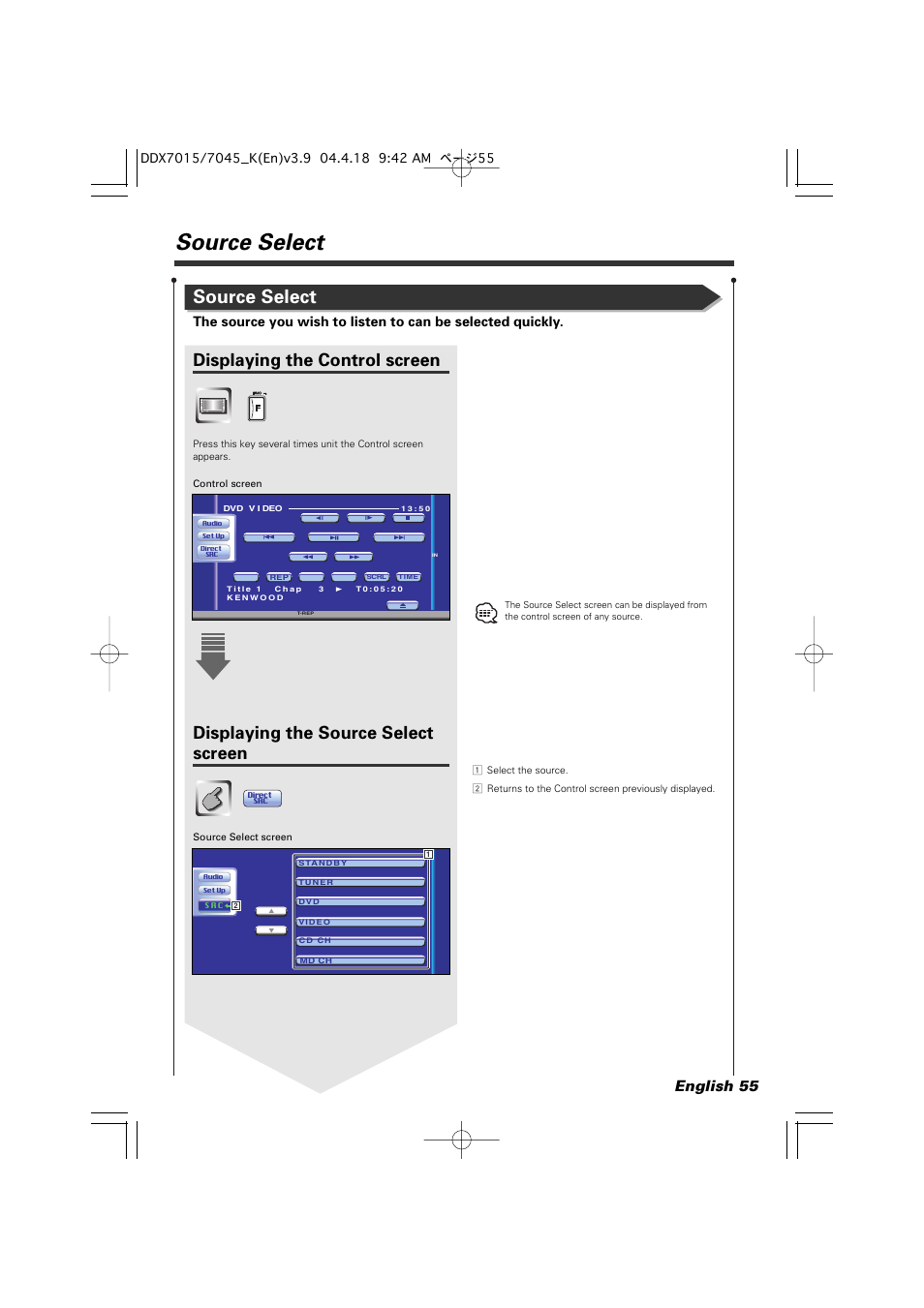 Source select, Displaying the control screen, Displaying the source select screen | English 55 | Kenwood Excelon DDX7015 User Manual | Page 55 / 101