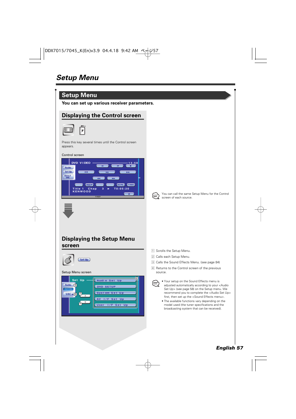 Setup menu, Displaying the control screen, Displaying the setup menu screen | English 57, You can set up various receiver parameters | Kenwood Excelon DDX7015 User Manual | Page 57 / 101