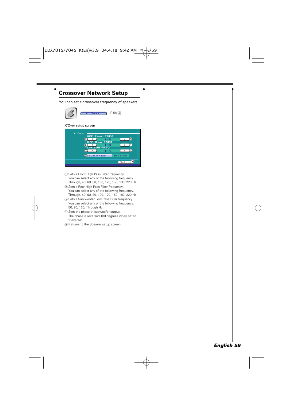 Crossover network setup, English 59 | Kenwood Excelon DDX7015 User Manual | Page 59 / 101