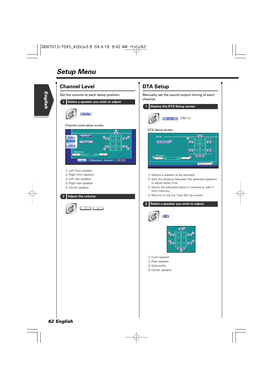 Setup menu, Channel level, Dta setup | English 62 english | Kenwood Excelon DDX7015 User Manual | Page 62 / 101