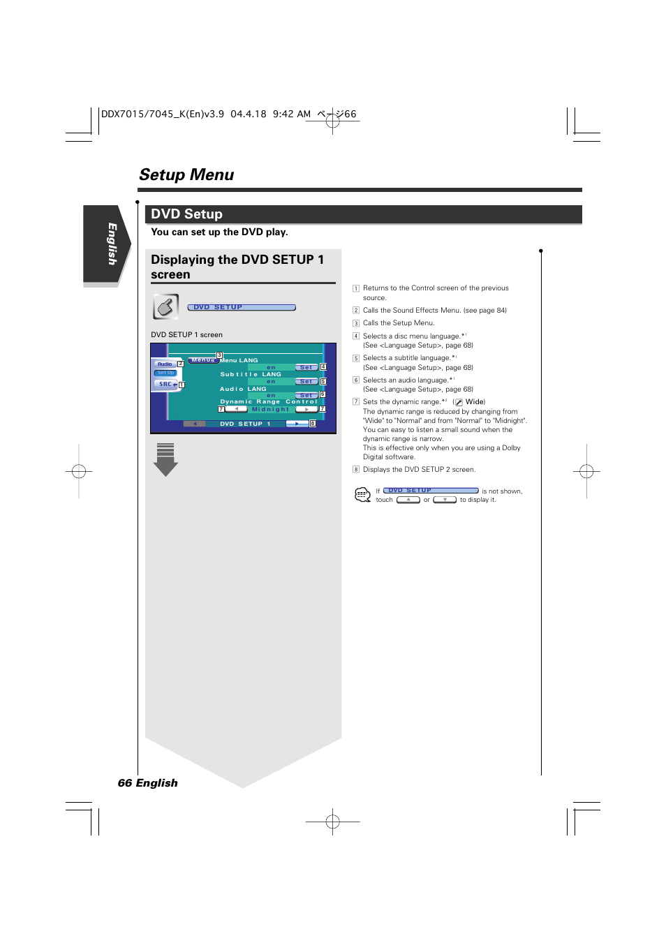 Setup menu, Dvd setup, Displaying the dvd setup 1 screen | English 66 english, You can set up the dvd play | Kenwood Excelon DDX7015 User Manual | Page 66 / 101