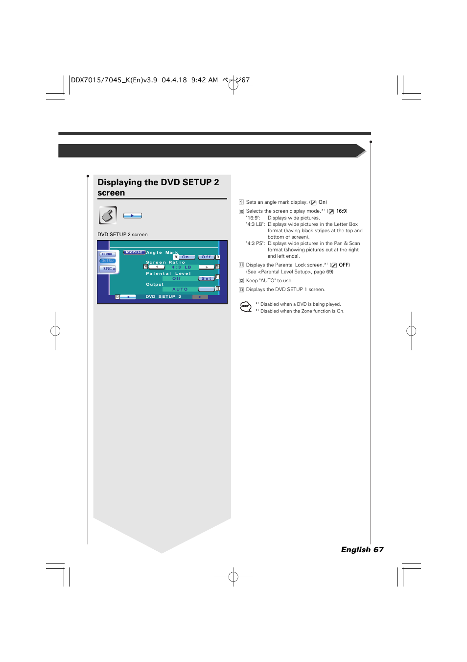 Displaying the dvd setup 2 screen, English 67 | Kenwood Excelon DDX7015 User Manual | Page 67 / 101