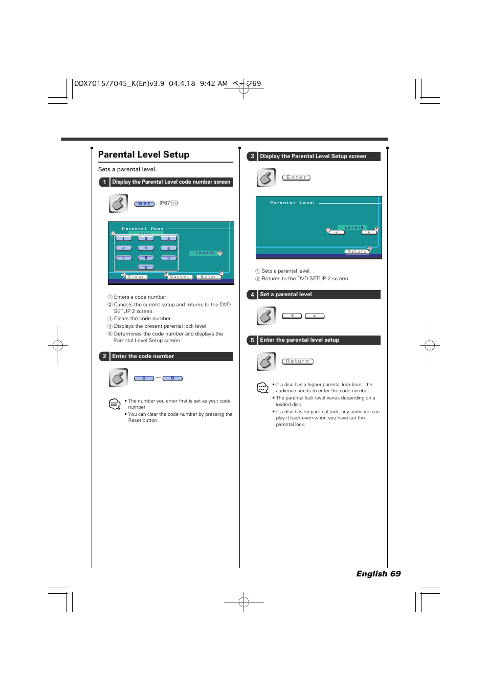 Parental level setup, English 69 | Kenwood Excelon DDX7015 User Manual | Page 69 / 101