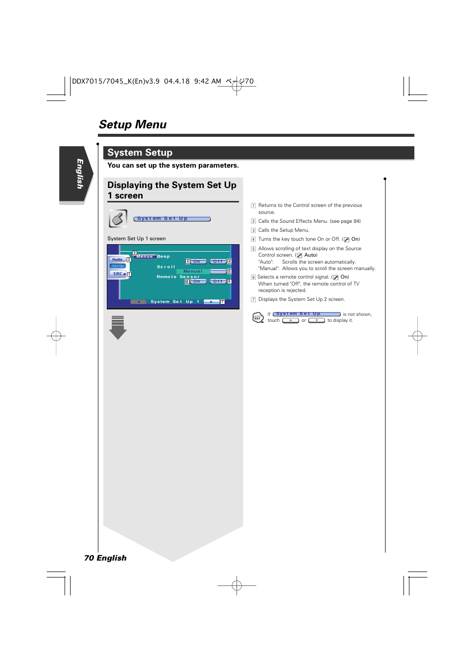 Setup menu, System setup, Displaying the system set up 1 screen | English 70 english, You can set up the system parameters | Kenwood Excelon DDX7015 User Manual | Page 70 / 101