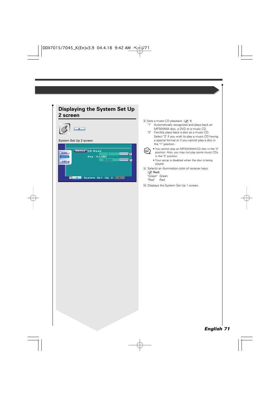 Displaying the system set up 2 screen, English 71 | Kenwood Excelon DDX7015 User Manual | Page 71 / 101