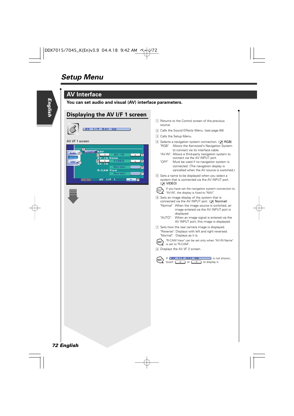 Setup menu, Av interface, Displaying the av i/f 1 screen | English 72 english | Kenwood Excelon DDX7015 User Manual | Page 72 / 101