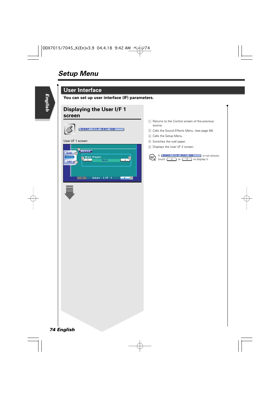 Setup menu, User interface, Displaying the user i/f 1 screen | English 74 english, You can set up user interface (if) parameters | Kenwood Excelon DDX7015 User Manual | Page 74 / 101