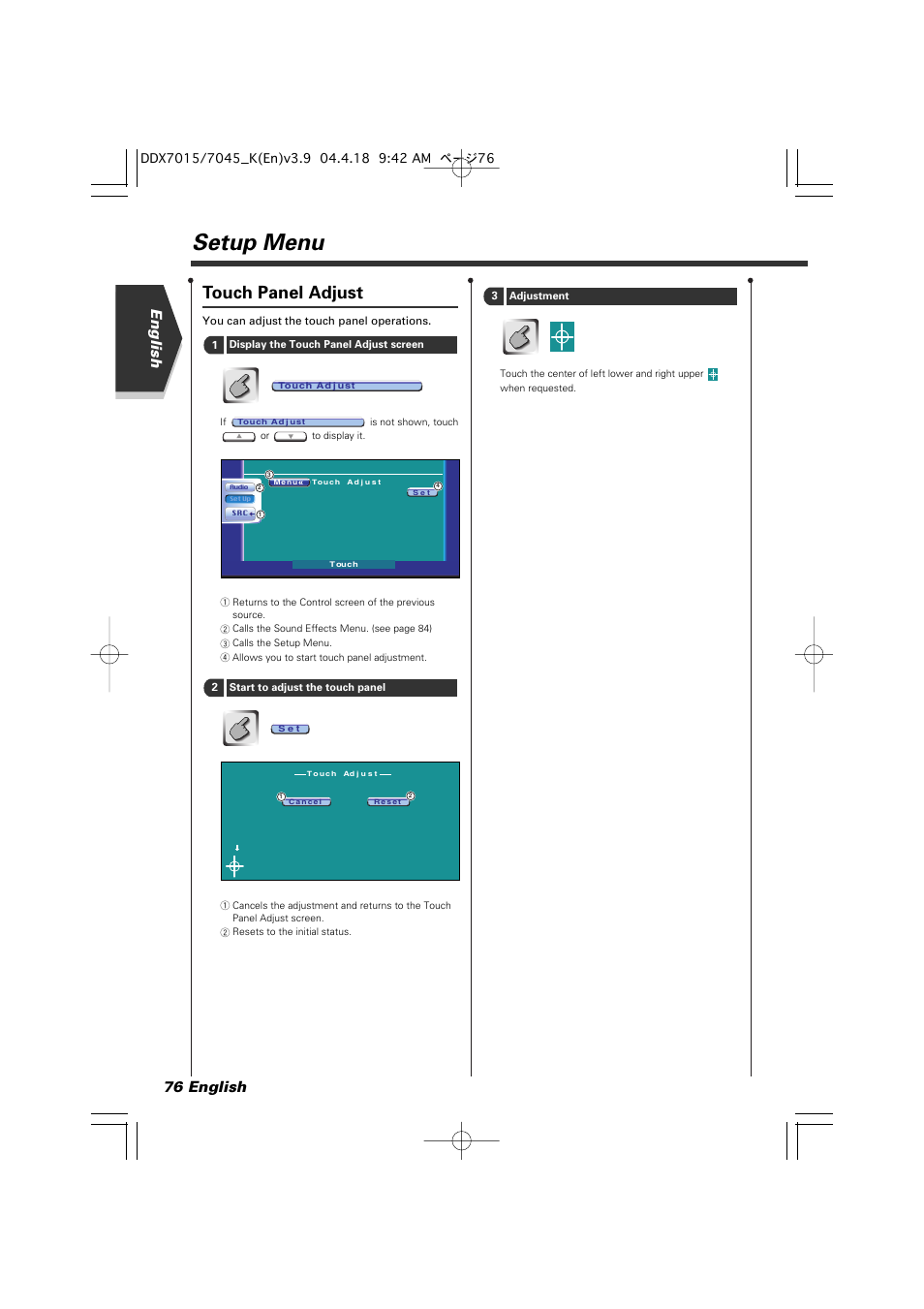 Setup menu, Touch panel adjust, English 76 english | Kenwood Excelon DDX7015 User Manual | Page 76 / 101