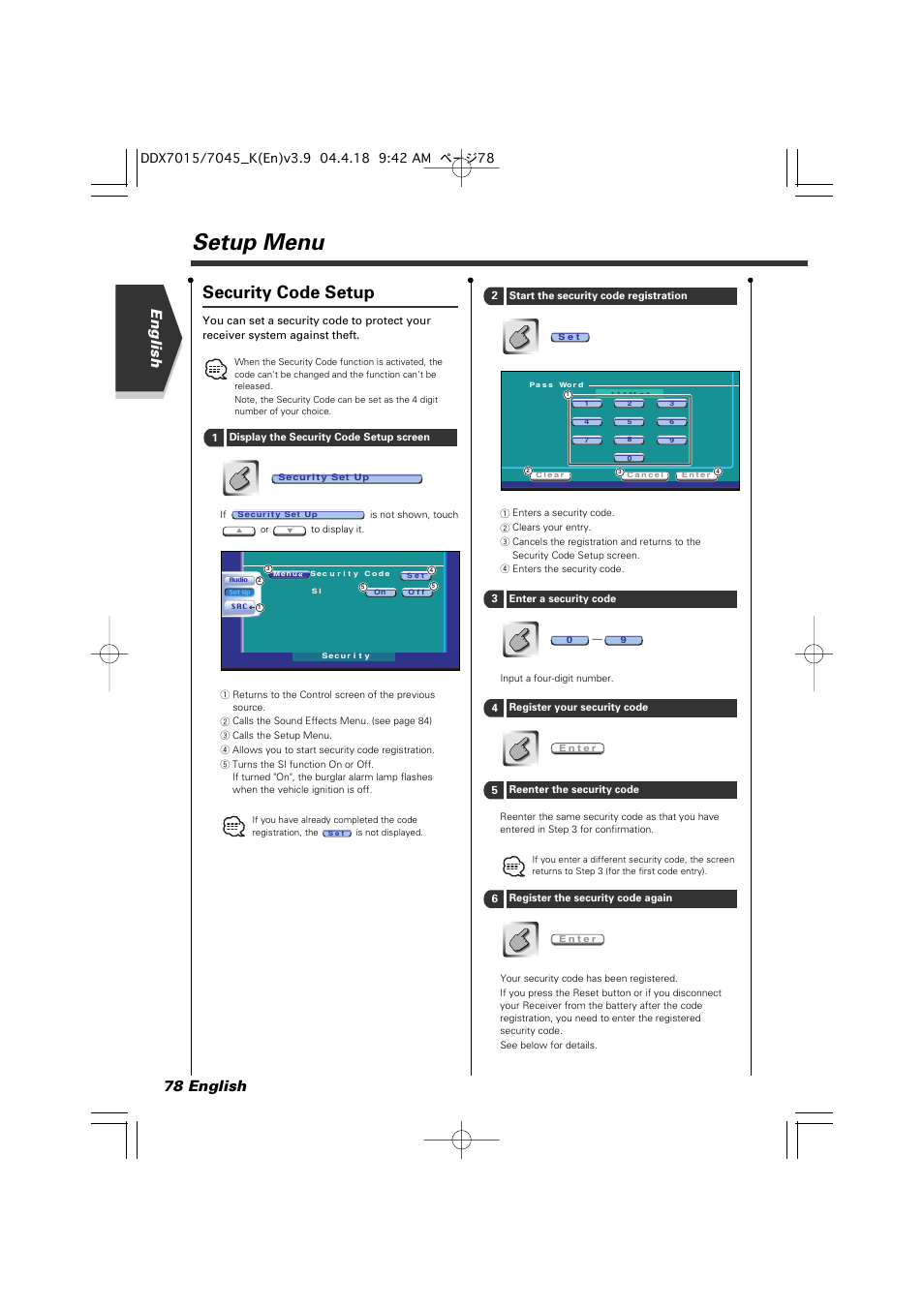 Setup menu, Security code setup, English 78 english | Kenwood Excelon DDX7015 User Manual | Page 78 / 101