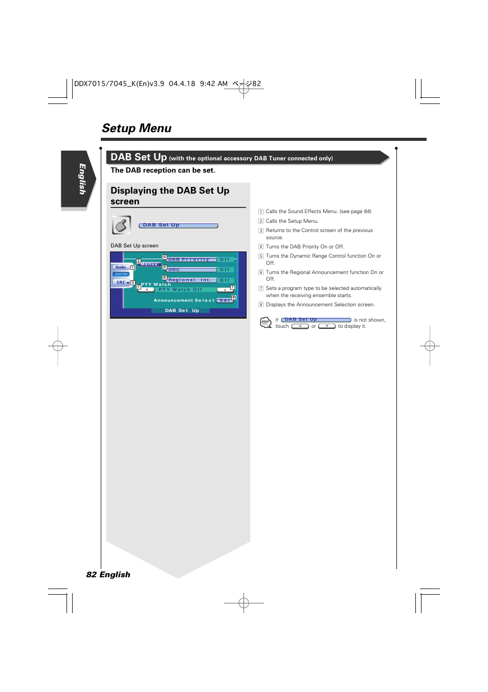 Setup menu, Dab set up, Displaying the dab set up screen | English 82 english, The dab reception can be set | Kenwood Excelon DDX7015 User Manual | Page 82 / 101