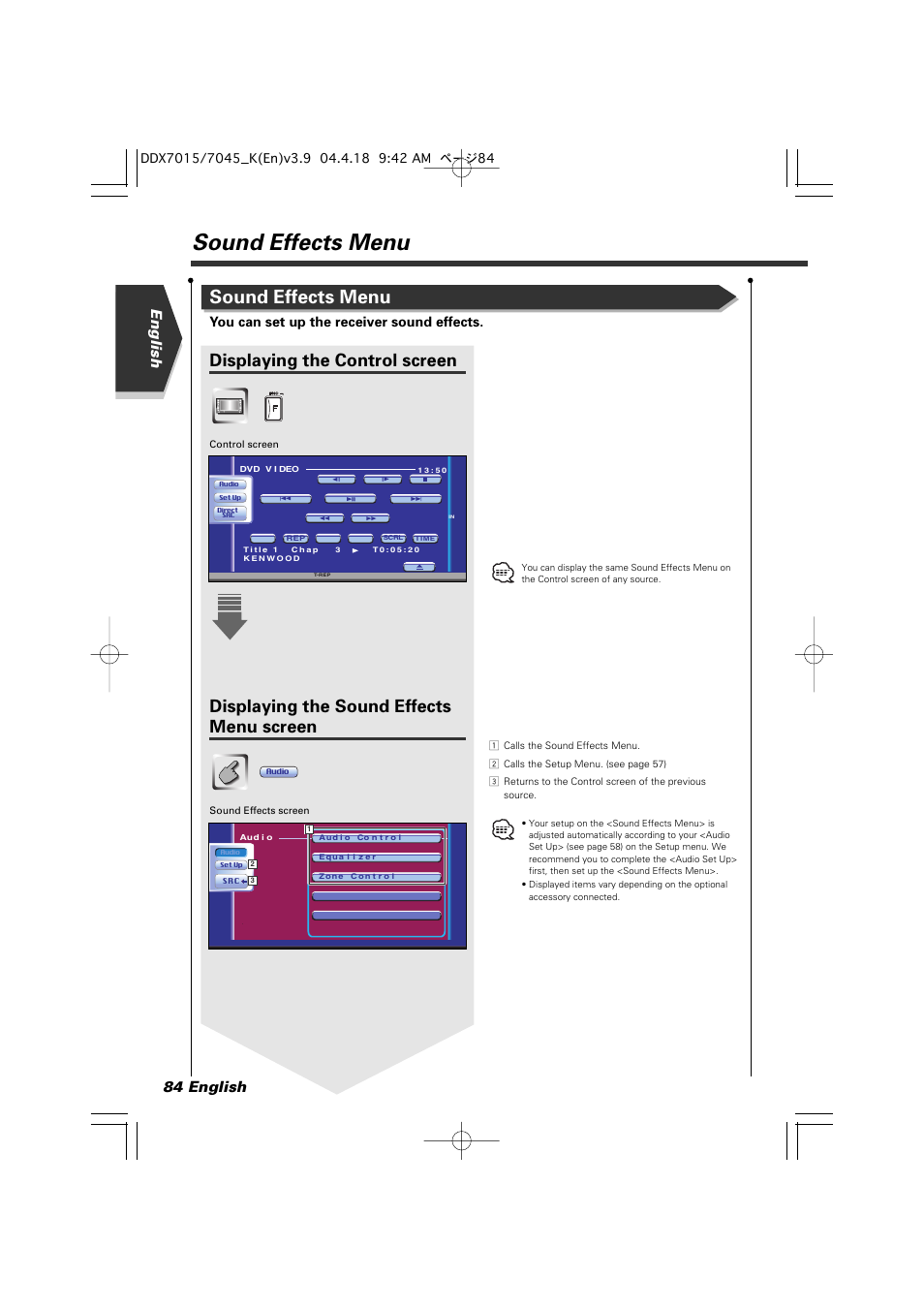 Sound effects menu, Displaying the control screen, Displaying the sound effects menu screen | English 84 english, You can set up the receiver sound effects | Kenwood Excelon DDX7015 User Manual | Page 84 / 101