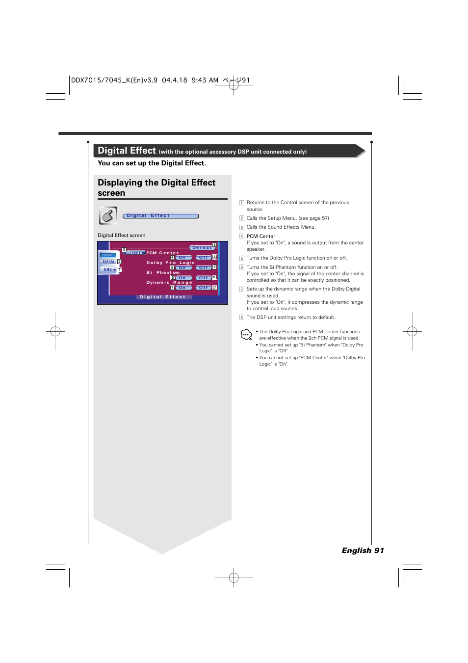 Digital effect, Displaying the digital effect screen, English 91 | You can set up the digital effect | Kenwood Excelon DDX7015 User Manual | Page 91 / 101