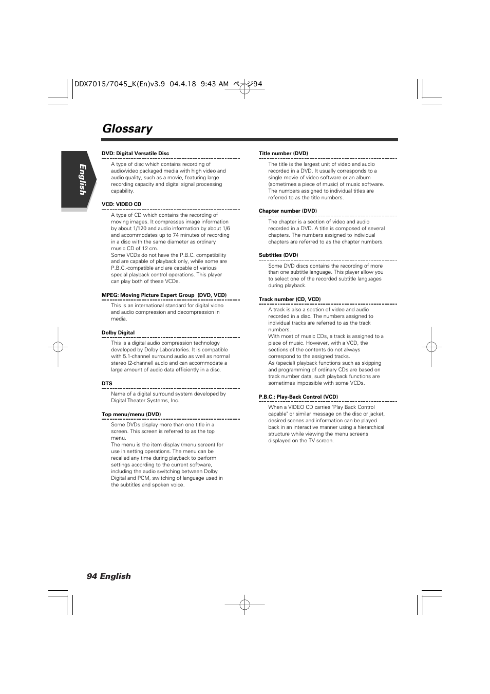 Glossary, 94 english english | Kenwood Excelon DDX7015 User Manual | Page 94 / 101