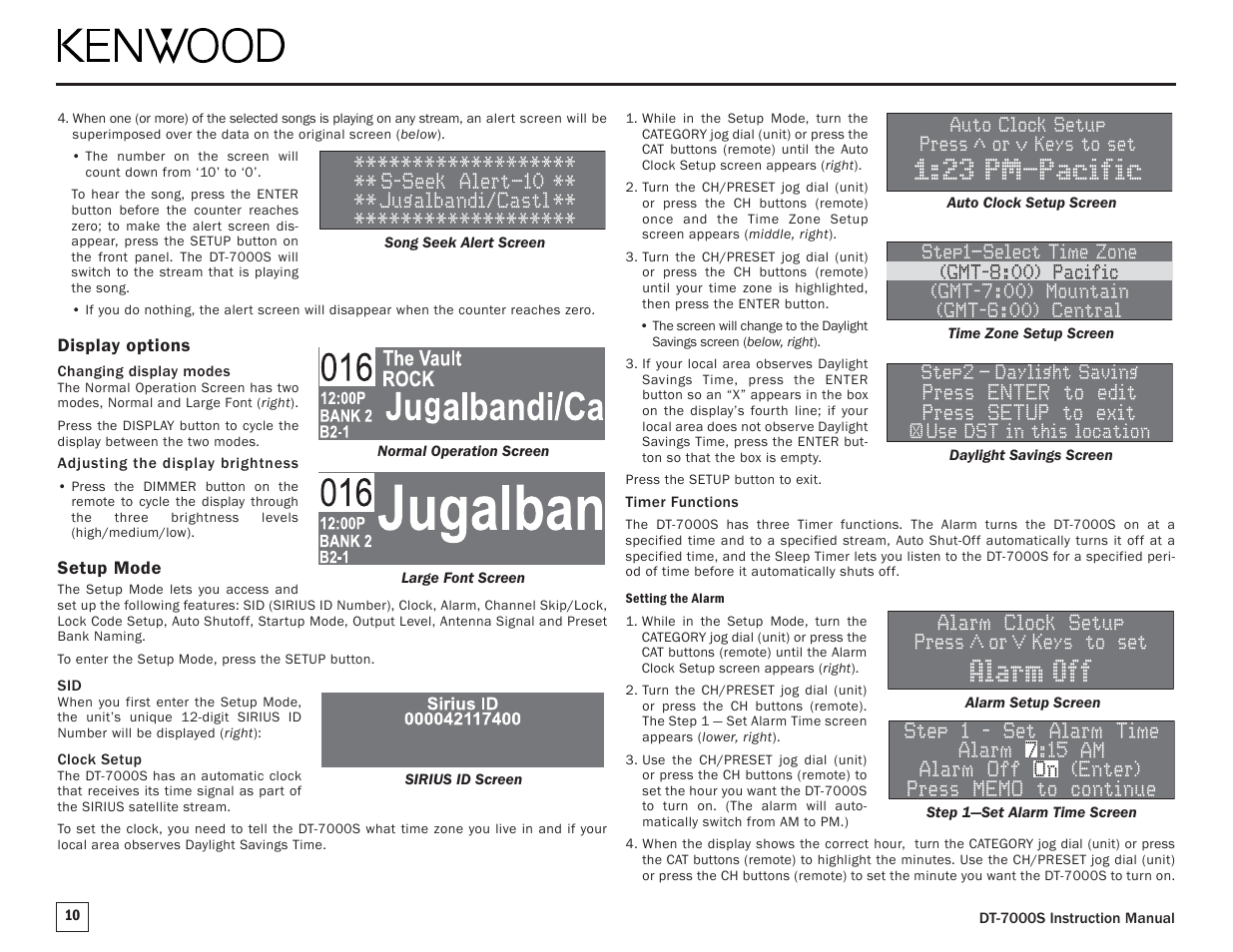 Display options, Setup mode | Kenwood SIRIUS DT-7000S User Manual | Page 10 / 16