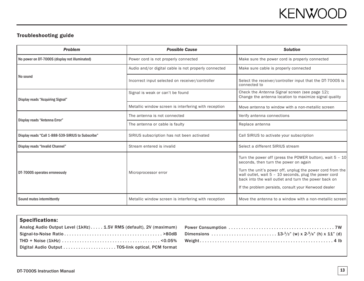 Troubleshooting guide specifications | Kenwood SIRIUS DT-7000S User Manual | Page 13 / 16