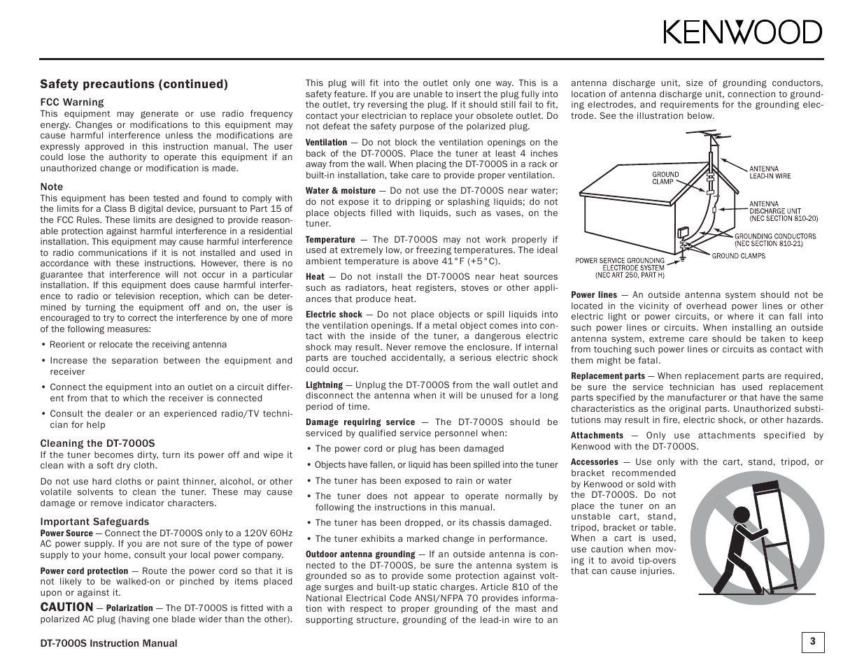 Safety precautions (continued), Caution | Kenwood SIRIUS DT-7000S User Manual | Page 3 / 16