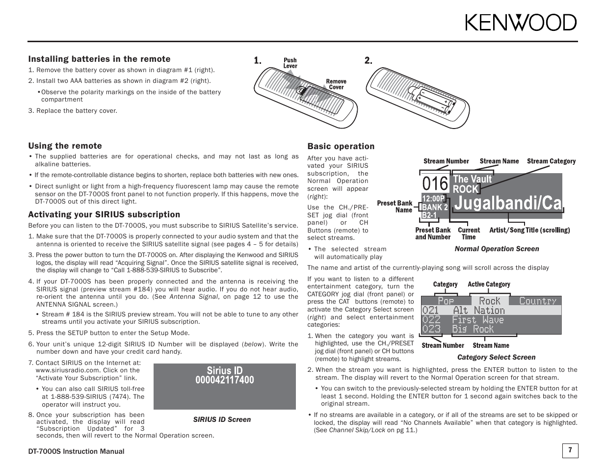 Activating your sirius subscription, Basic operation, Installing batteries in the remote | Using the remote | Kenwood SIRIUS DT-7000S User Manual | Page 7 / 16