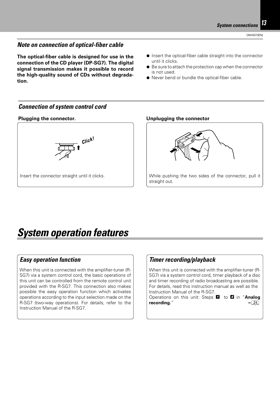 System operation features, Easy operation function, Timer recording/playback | Connection of system control cord | Kenwood DM-SG7 User Manual | Page 13 / 52