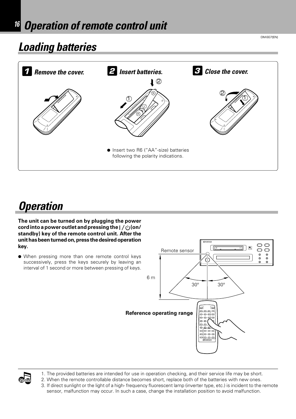 Operation of remote control unit 1, Operation, Loading batteries | Kenwood DM-SG7 User Manual | Page 16 / 52