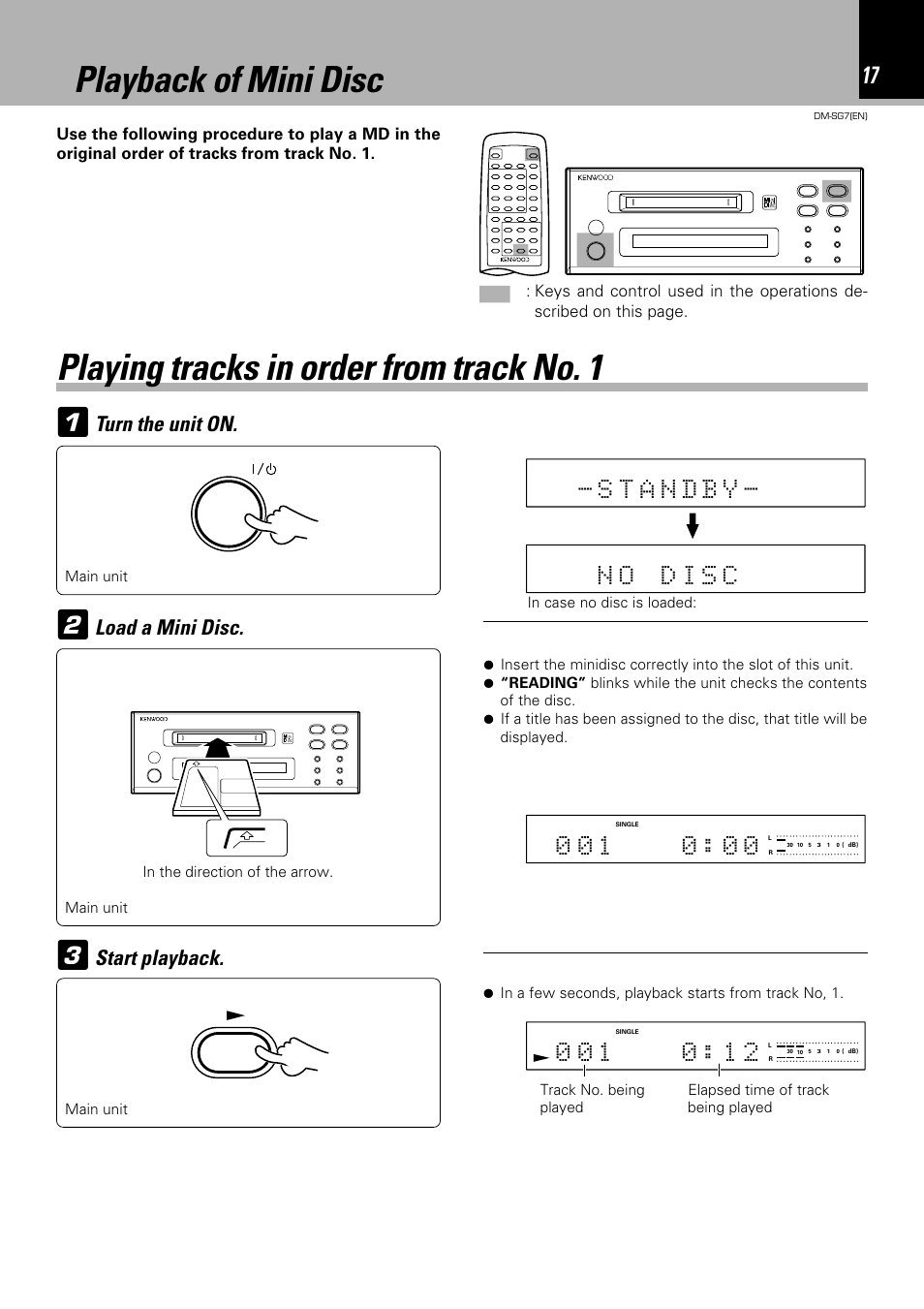 Turn the unit on, Start playback, Load a mini disc | Kenwood DM-SG7 User Manual | Page 17 / 52