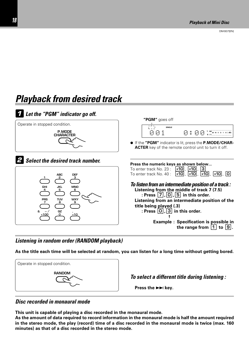 Playback from desired track 2, Let the “pgm” indicator go off, Select the desired track number | Disc recorded in monaural mode, Listening in random order (random playback) | Kenwood DM-SG7 User Manual | Page 18 / 52