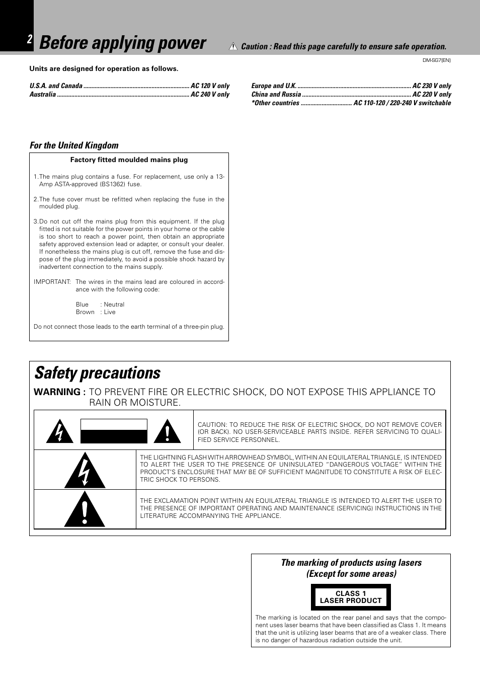 Before applying power, Safety precautions | Kenwood DM-SG7 User Manual | Page 2 / 52
