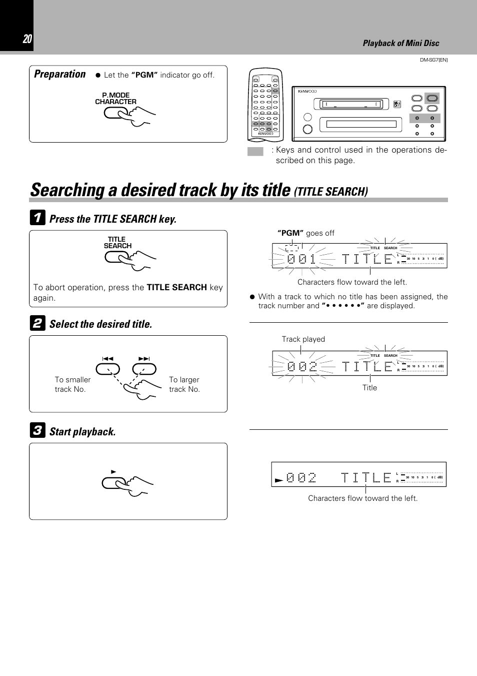 Searching a desired track by its title, Title search), Press the title search key | Select the desired title, Start playback, Preparation, Playback of mini disc | Kenwood DM-SG7 User Manual | Page 20 / 52