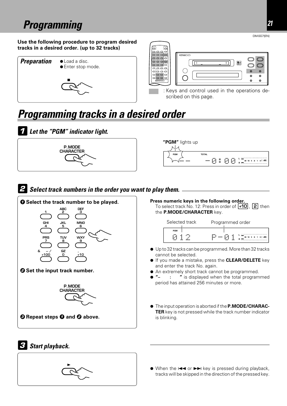 Programming 1, Programming tracks in a desired order 3, Let the “pgm” indicator light | Preparation, Start playback, Programming, 1 select the track number to be played, 2 set the input track number, 3 repeat steps 1 and 2 above | Kenwood DM-SG7 User Manual | Page 21 / 52