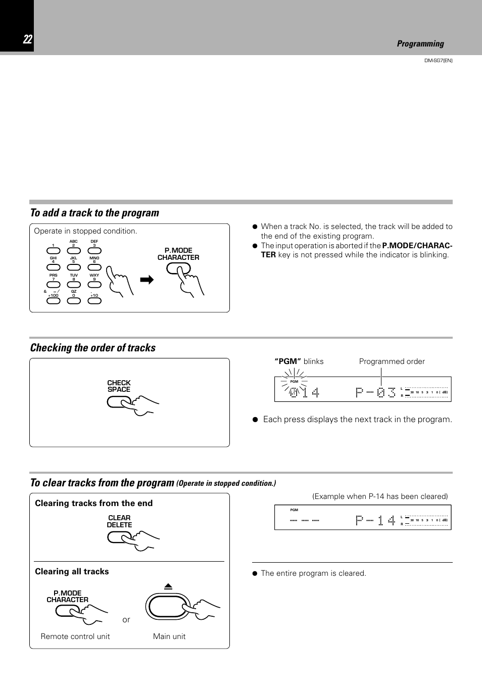 P - 1 4, Checking the order of tracks, Programming | Clearing all tracks clearing tracks from the end, Each press displays the next track in the program, Operate in stopped condition.), The entire program is cleared | Kenwood DM-SG7 User Manual | Page 22 / 52