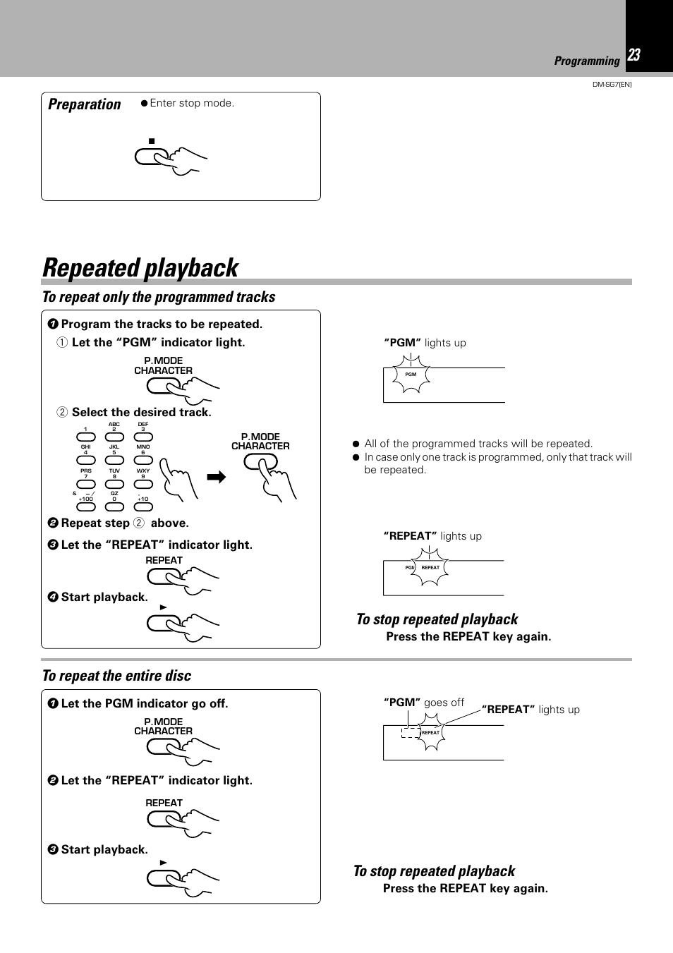 Repeated playback, Preparation, Programming | Press the repeat key again, 3 start playback, 2 repeat step 2 above | Kenwood DM-SG7 User Manual | Page 23 / 52