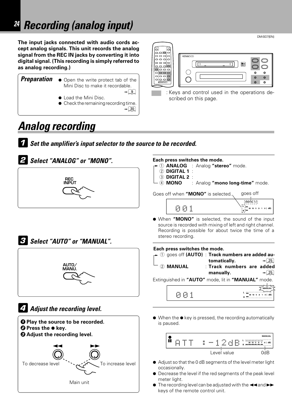 Recording (analog input), Analog recording 3, A t t : - 1 2 d b | Preparation, Select “auto” or “manual, Adjust the recording level, Select “analog” or “mono | Kenwood DM-SG7 User Manual | Page 24 / 52