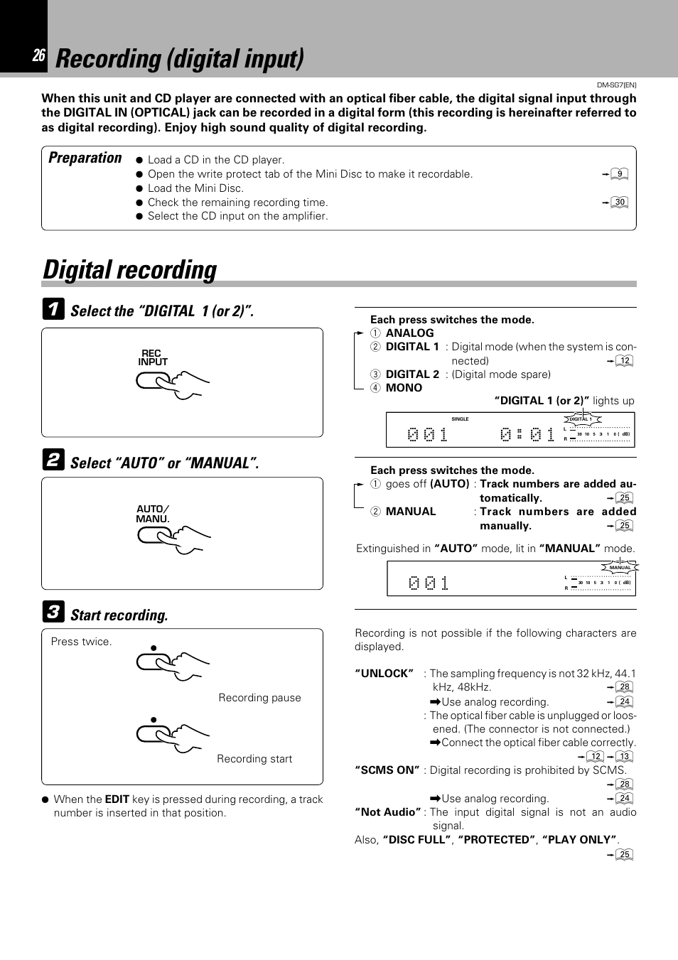Digital recording 2, Recording (digital input), Select the “digital 1 (or 2) | Preparation, Start recording, Select “auto” or “manual | Kenwood DM-SG7 User Manual | Page 26 / 52