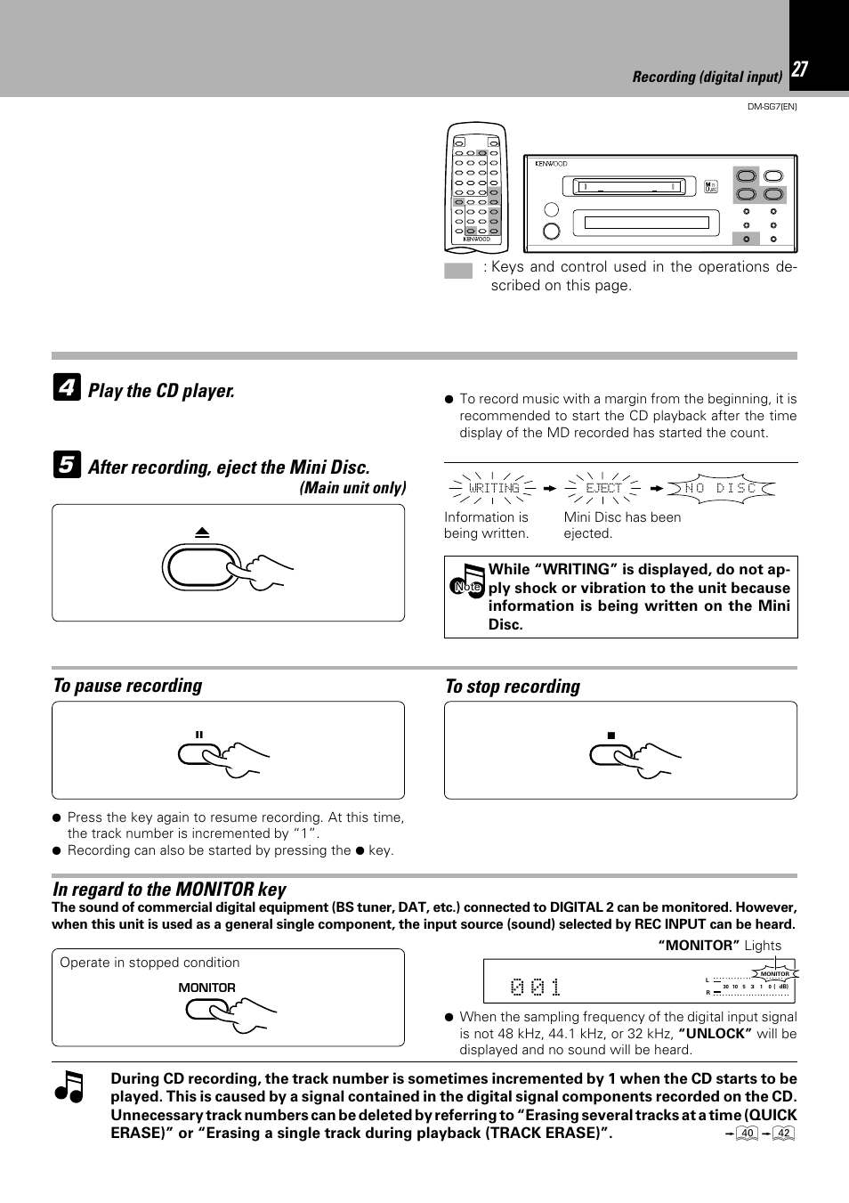 After recording, eject the mini disc, Main unit only) | Kenwood DM-SG7 User Manual | Page 27 / 52