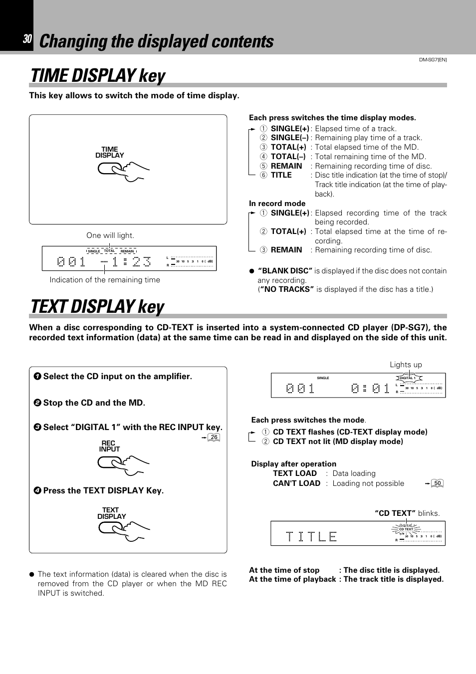 Time display key, Changing the displayed contents, Text display key | Kenwood DM-SG7 User Manual | Page 30 / 52