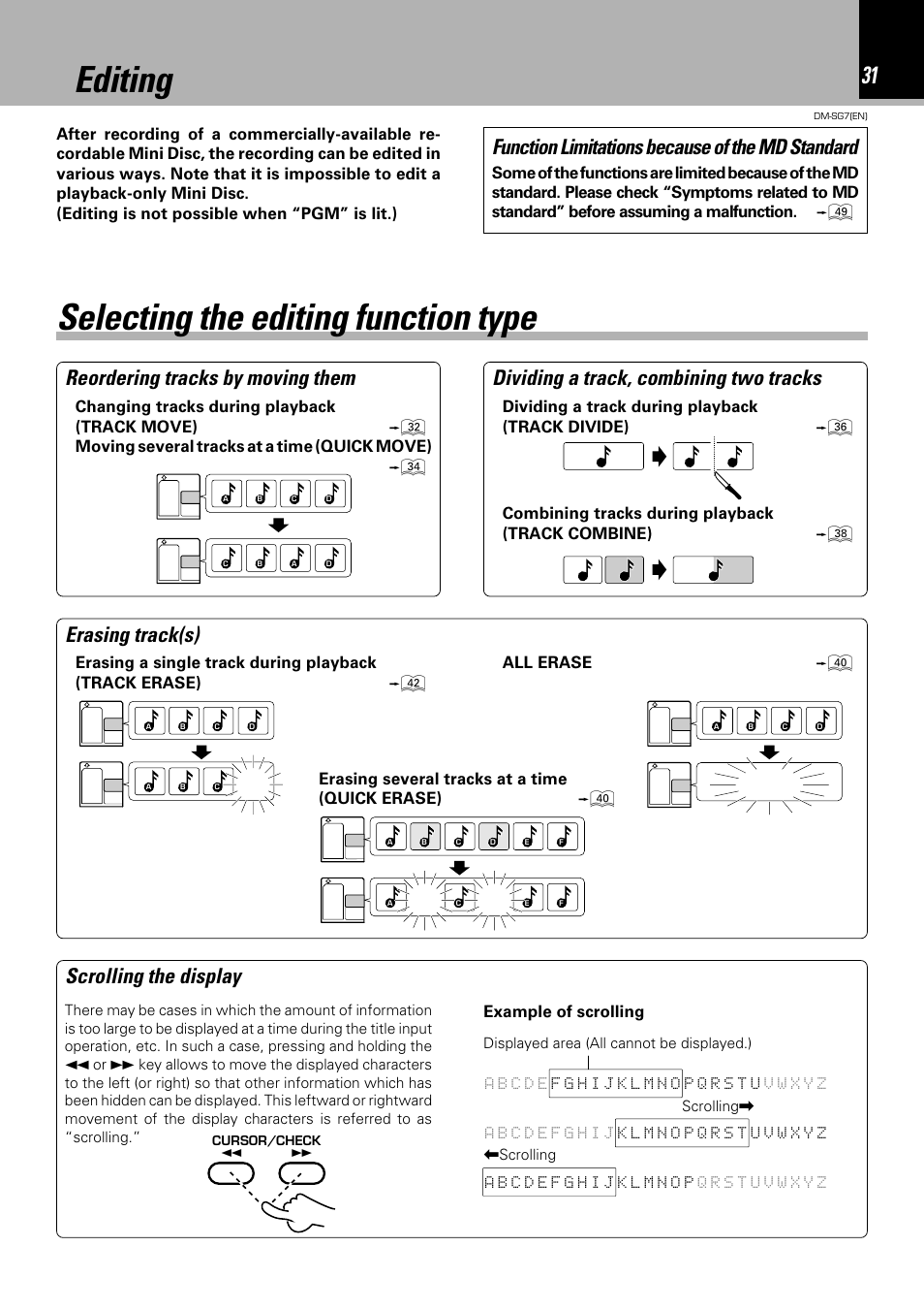 Selecting the editing function type, Erasing track(s) scrolling the display, Function limitations because of the md standard | Editing, Dividing a track during playback (track divide) fl, Combining tracks during playback (track combine), Erasing several tracks at a time (quick erase) | Kenwood DM-SG7 User Manual | Page 31 / 52