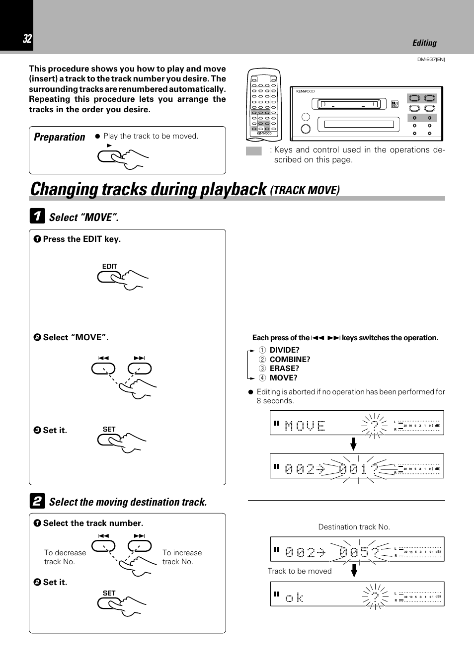 Changing tracks during playback, M o v e, O k 2 | Track move), Select “move, Select the moving destination track, Preparation | Kenwood DM-SG7 User Manual | Page 32 / 52