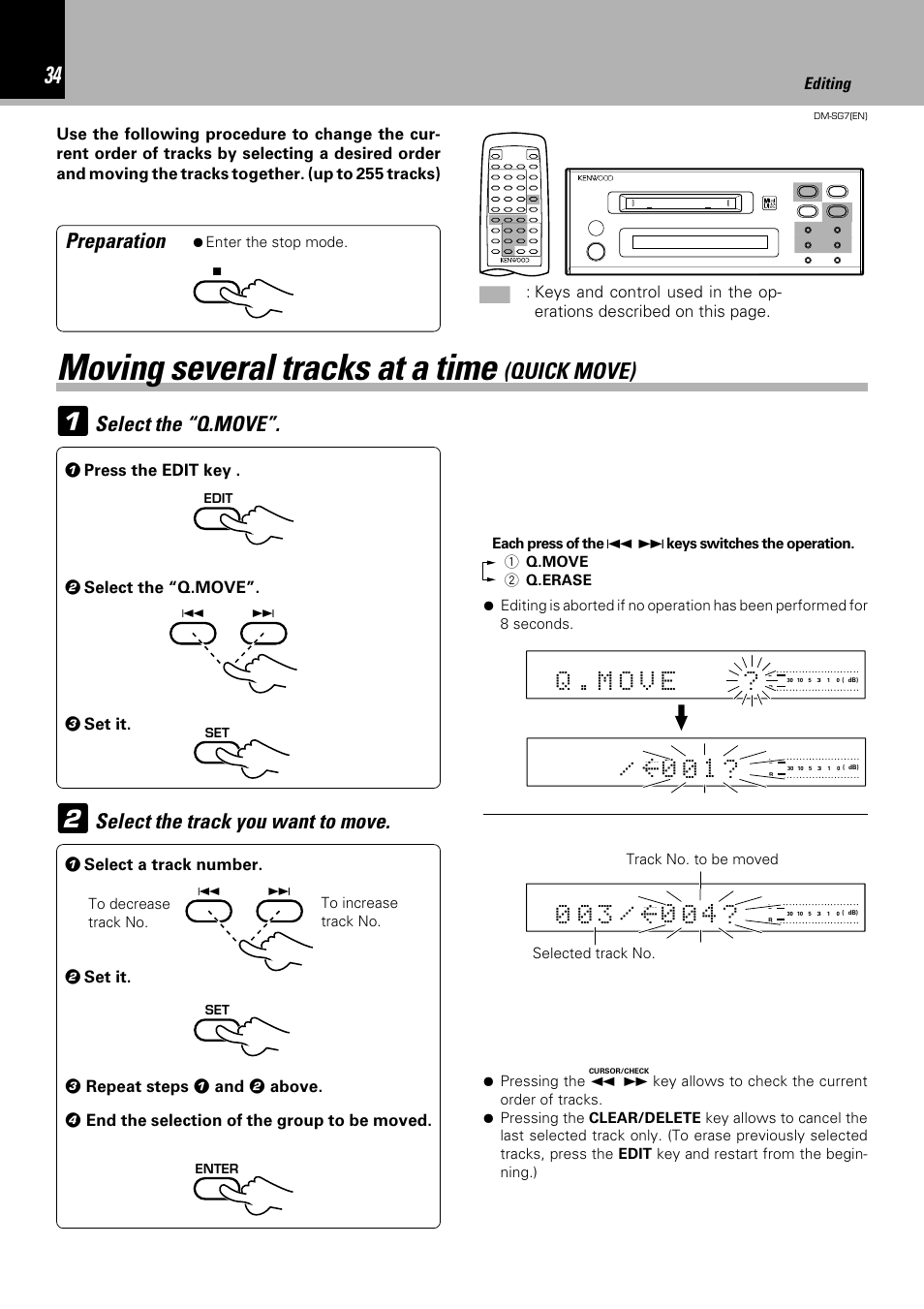Moving several tracks at a time, Quick move), Q . m o v e | Select the “q.move, Preparation, Select the track you want to move | Kenwood DM-SG7 User Manual | Page 34 / 52