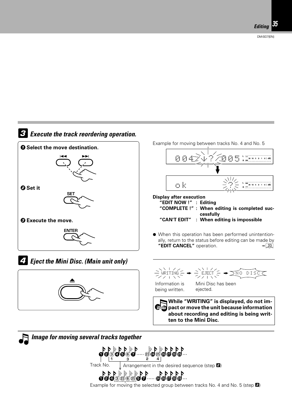 O k 2, Execute the track reordering operation, Image for moving several tracks together | Eject the mini disc. (main unit only), Editing | Kenwood DM-SG7 User Manual | Page 35 / 52