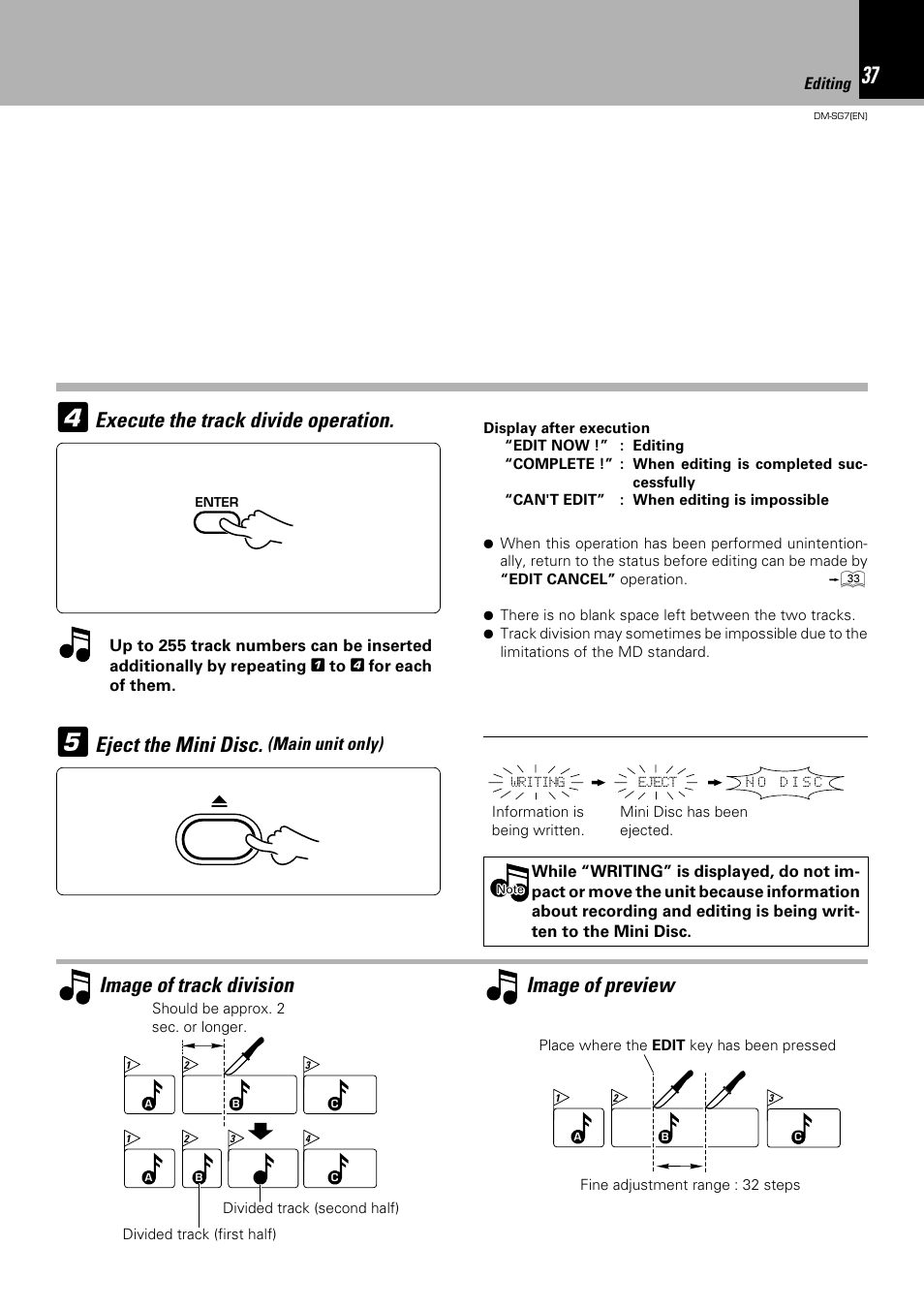 Image of track division, Eject the mini disc, Execute the track divide operation | Image of preview, Main unit only) | Kenwood DM-SG7 User Manual | Page 37 / 52