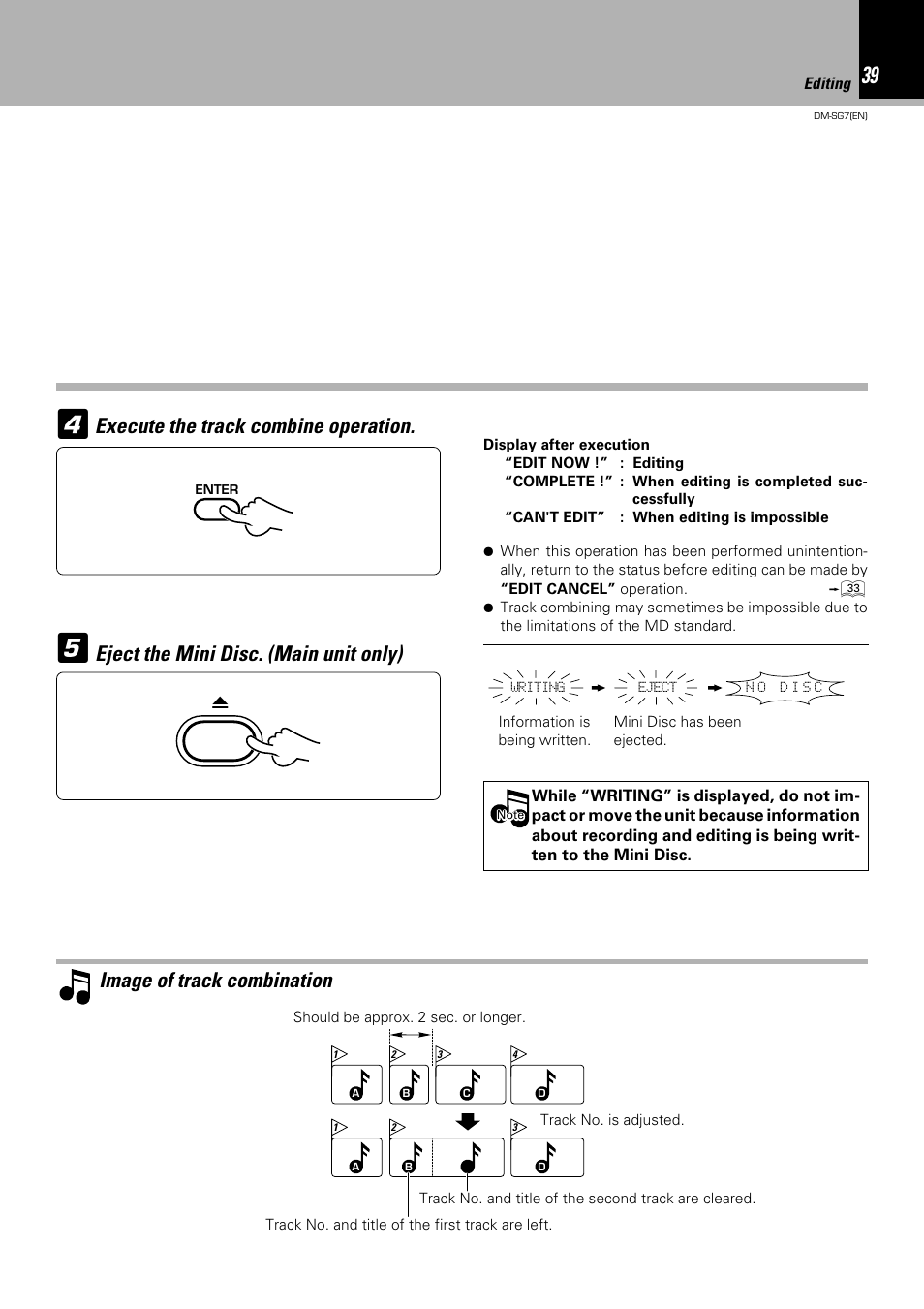 Eject the mini disc. (main unit only) | Kenwood DM-SG7 User Manual | Page 39 / 52